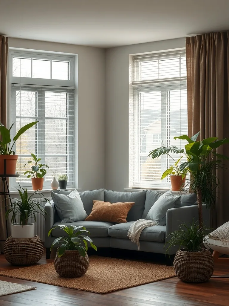 A cozy living room with various indoor plants and a comfortable sofa.