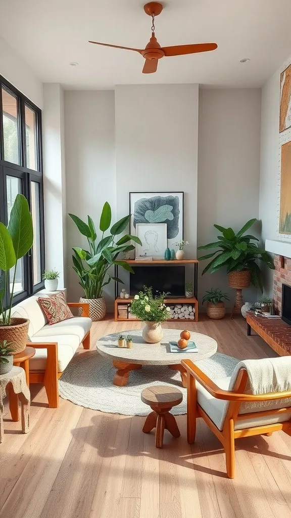 A bright living room featuring a light color scheme, natural wood furniture, and various indoor plants.