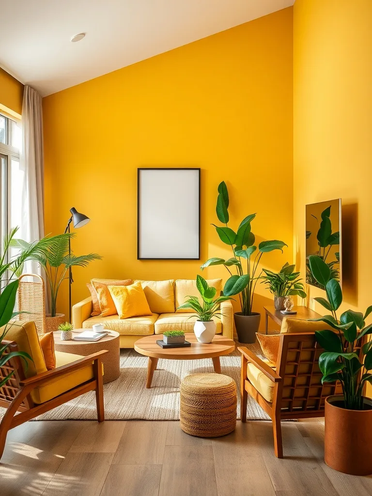 A bright yellow living room with various plants and natural elements.