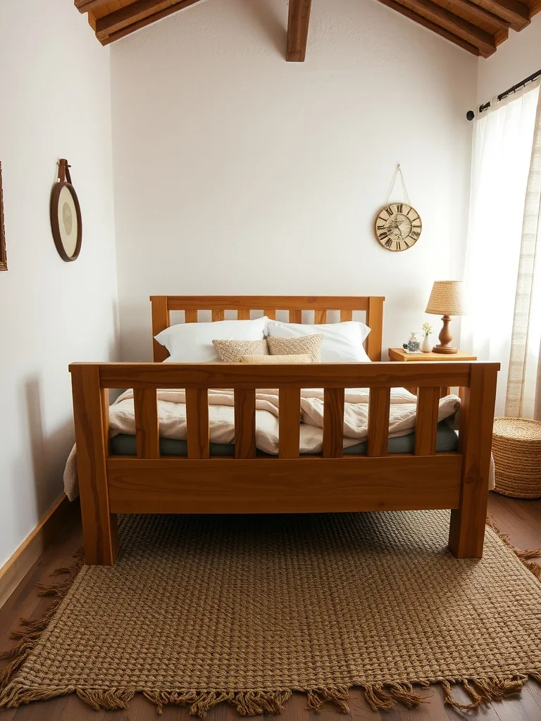 A rustic bedroom featuring a wooden bed, natural fiber rug, and simple decor.