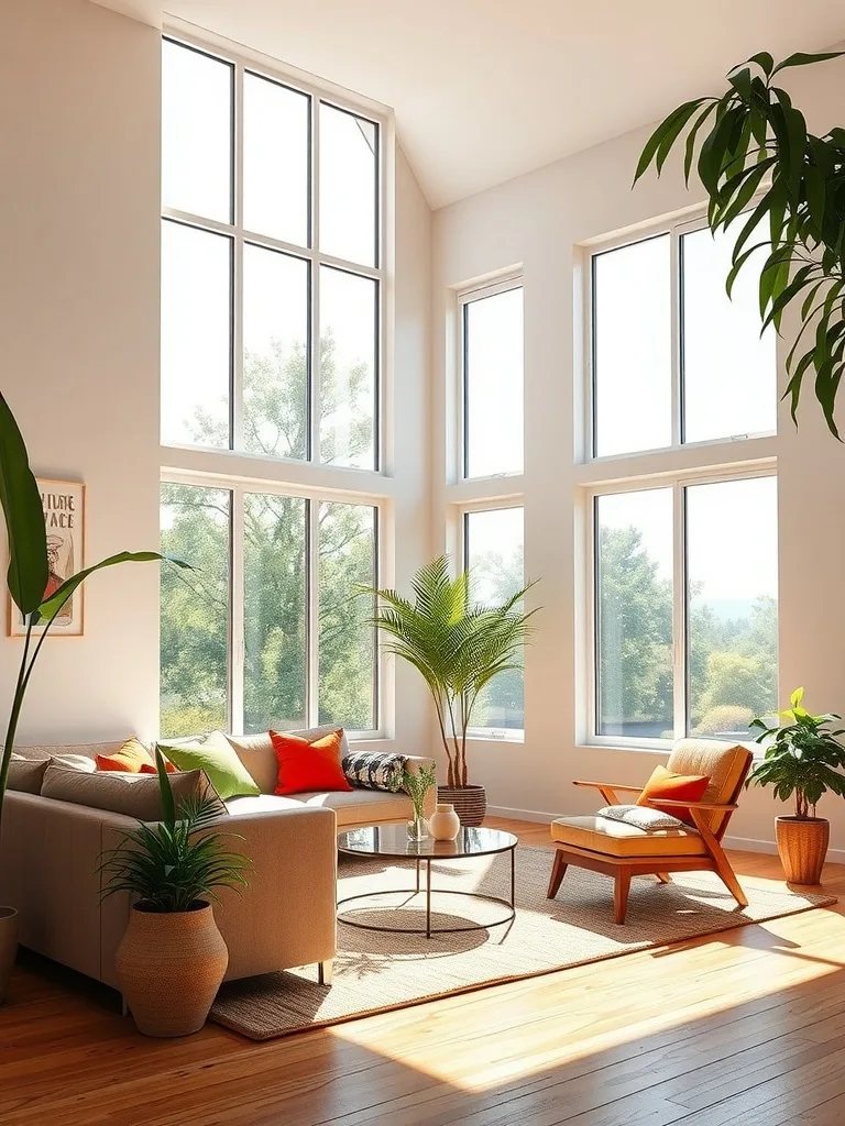 Bright living room with large windows and vibrant plants.