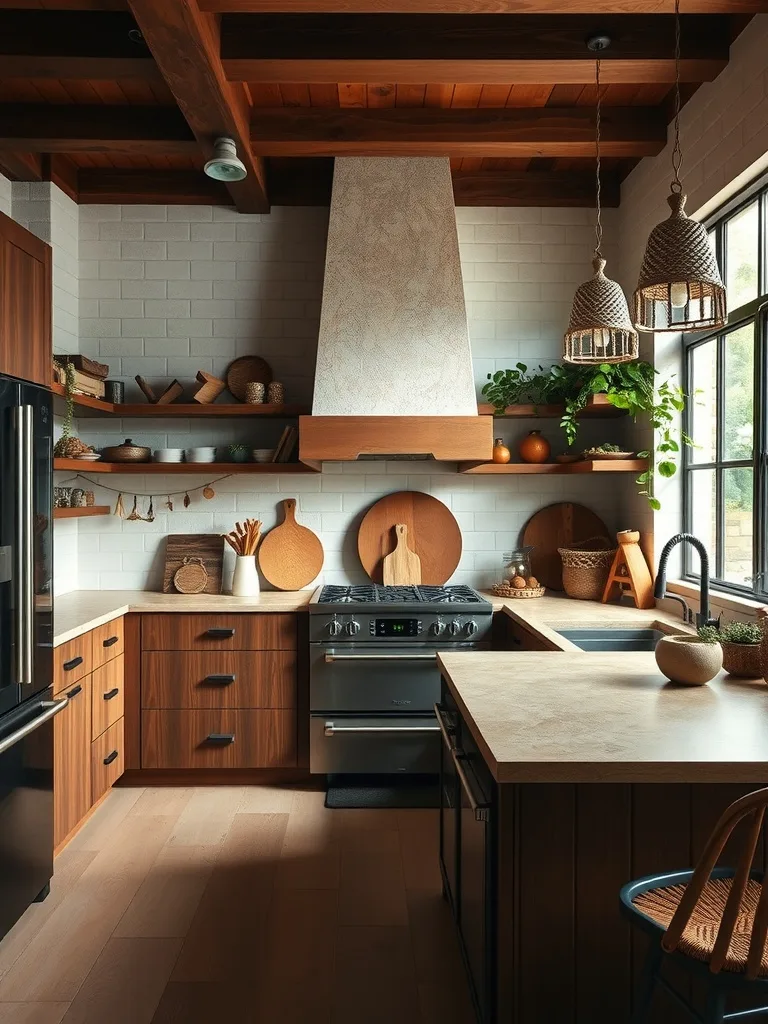 A modern boho kitchen featuring natural stone countertops and wooden cabinetry.