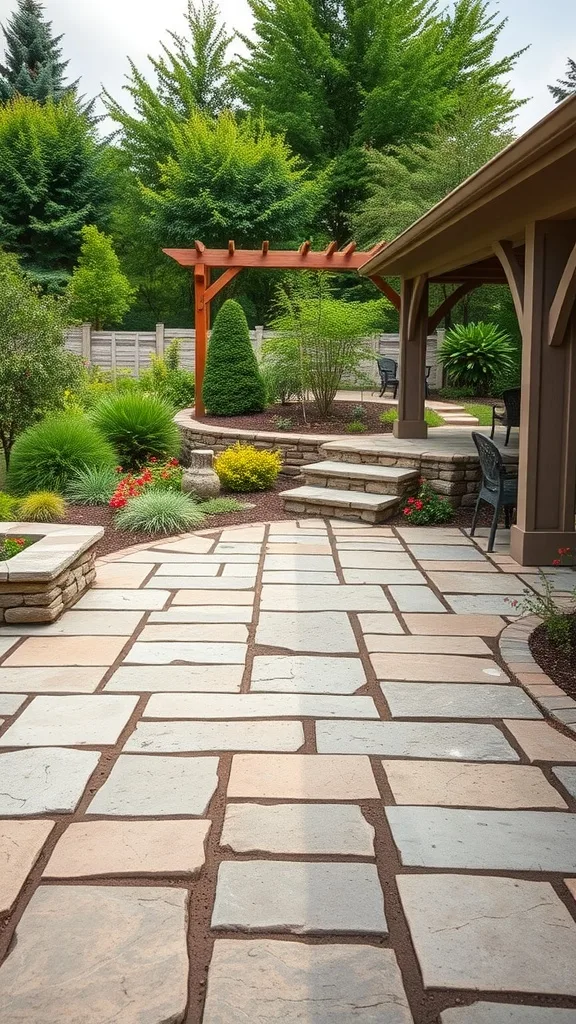 A natural stone pathway in a garden with greenery and flowers.