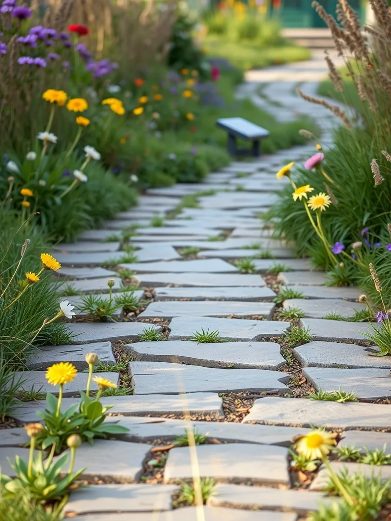 A natural stone walkway lined with colorful flowers and grass.