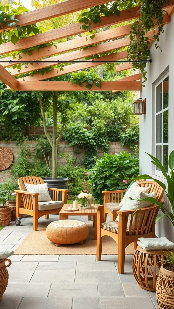 A cozy outdoor patio featuring wooden chairs, a table, and plants under a wooden pergola.