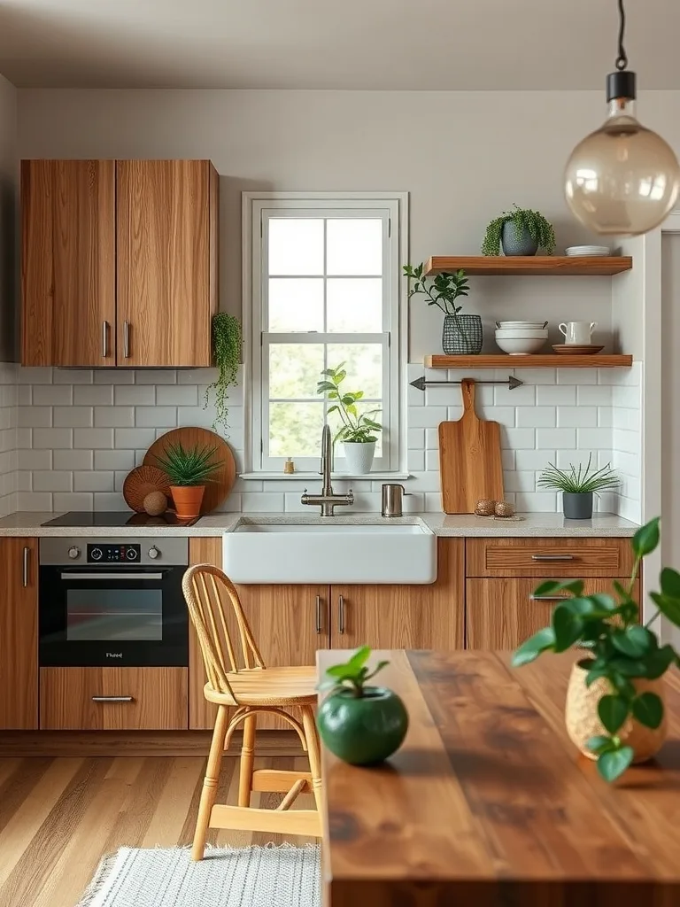 A modern boho kitchen featuring natural wood accents, open shelves, and a farmhouse sink.