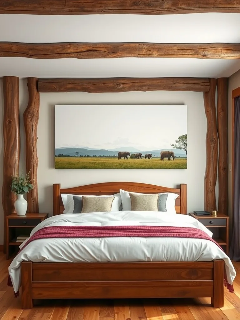 A rustic bedroom featuring a large canvas of elephants in a field, wooden beams, and a warm color palette.