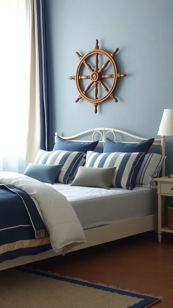 A cozy blue and gray bedroom featuring nautical accents with a ship's wheel on the wall and striped bedding.