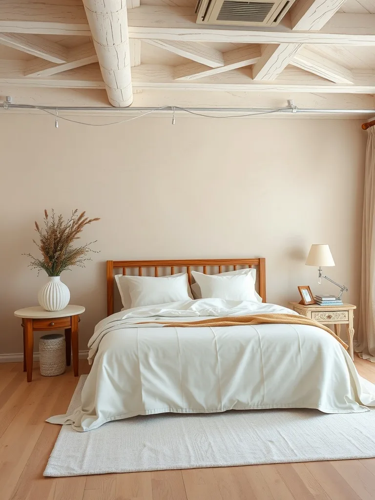 A rustic bedroom featuring a wooden bed with light bedding, a round side table, and soft natural decor.