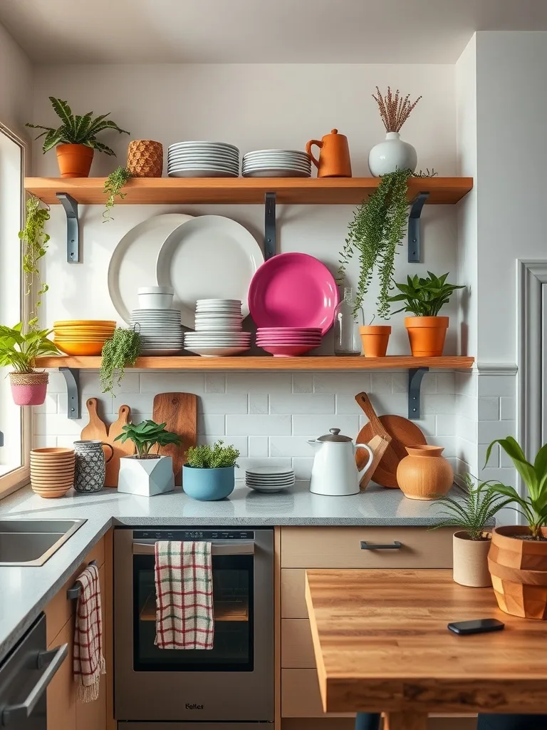 A modern boho kitchen featuring open shelving with colorful plates and plants.