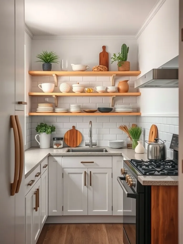 A small galley kitchen featuring open shelving with plants and various kitchenware.