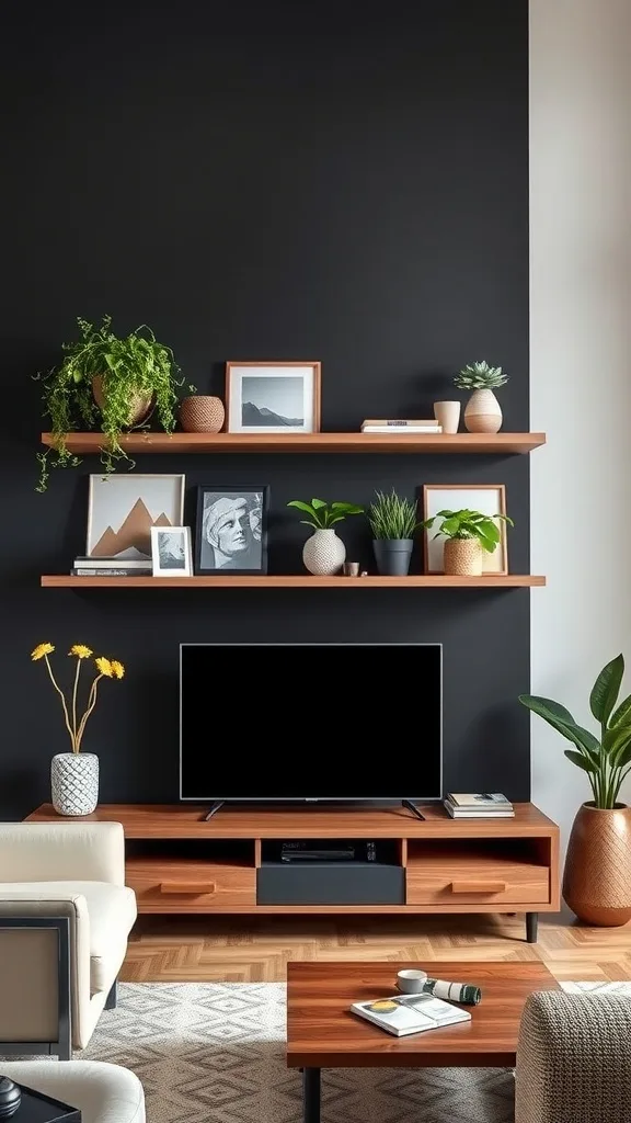 Living room with open shelving on a black accent wall, featuring plants and decorative items.