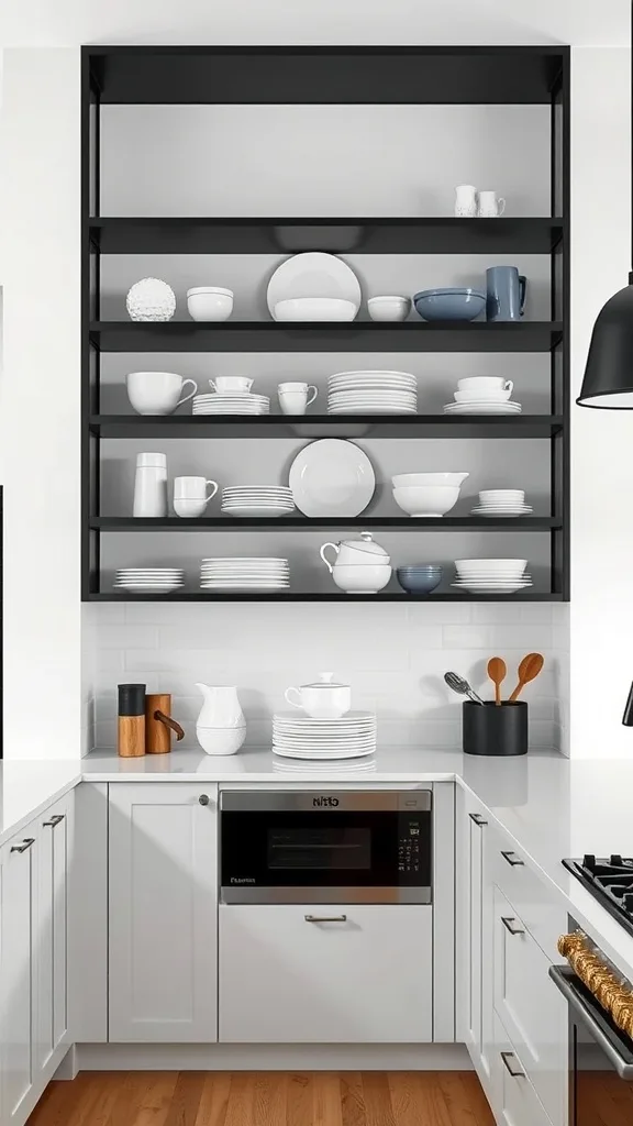 A stylish black and white kitchen featuring open shelving with various dishes and kitchenware.