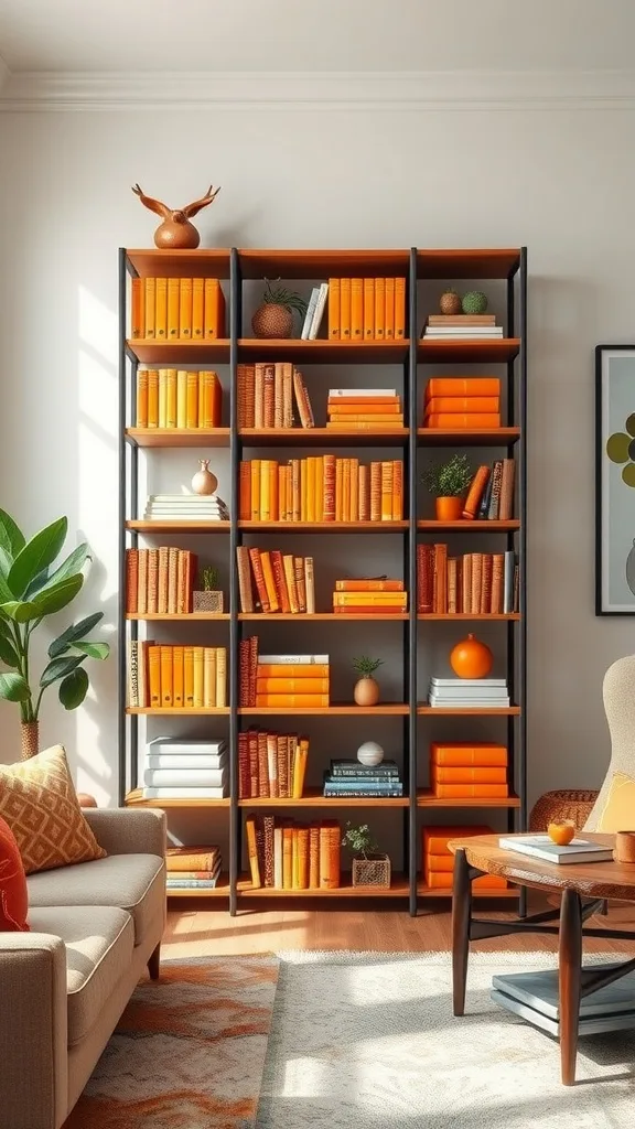 A bright orange-themed shelving display with books and decor in a living room.