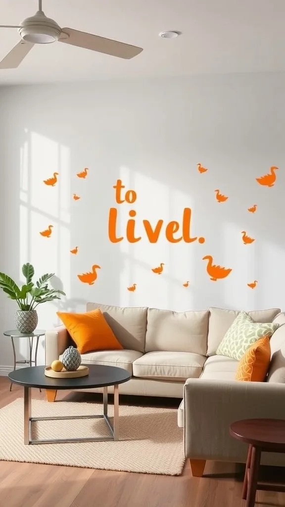 Living room with orange wall decals including the word 'to livel' and small orange ducks.