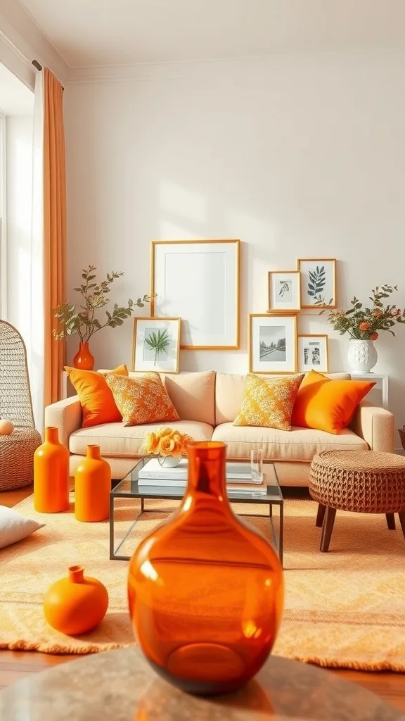 A stylish living room featuring orange decor, including cushions, vases, and a cozy atmosphere.