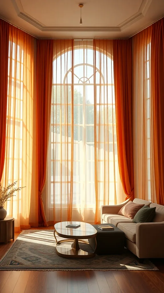 Cozy living room with orange curtains letting in natural light