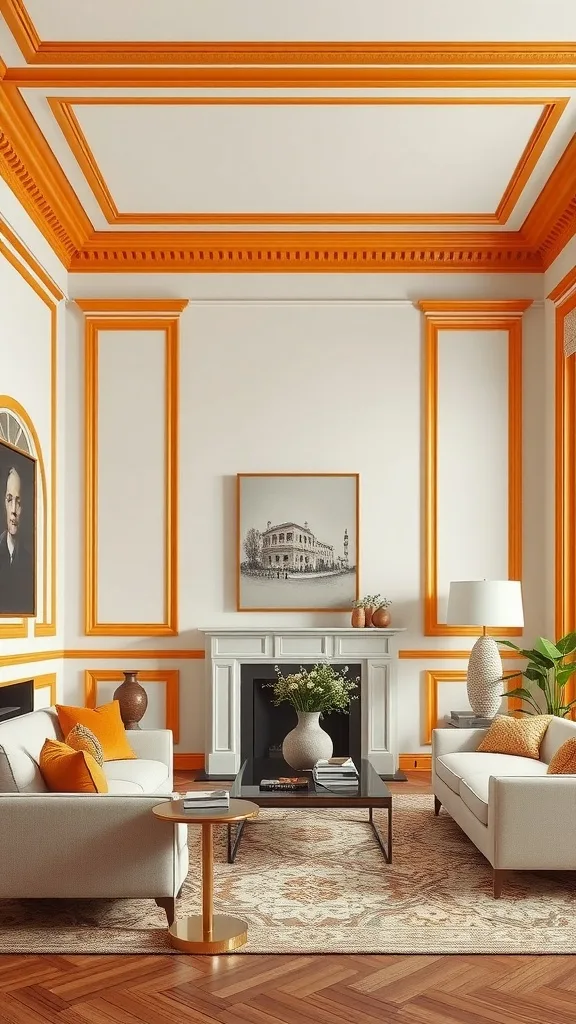 Living room with orange decorative molding and trims