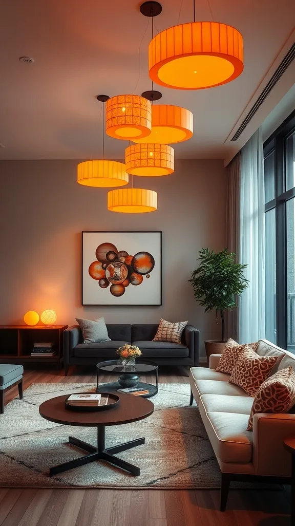 A modern living room with orange lighting fixtures hanging from the ceiling.