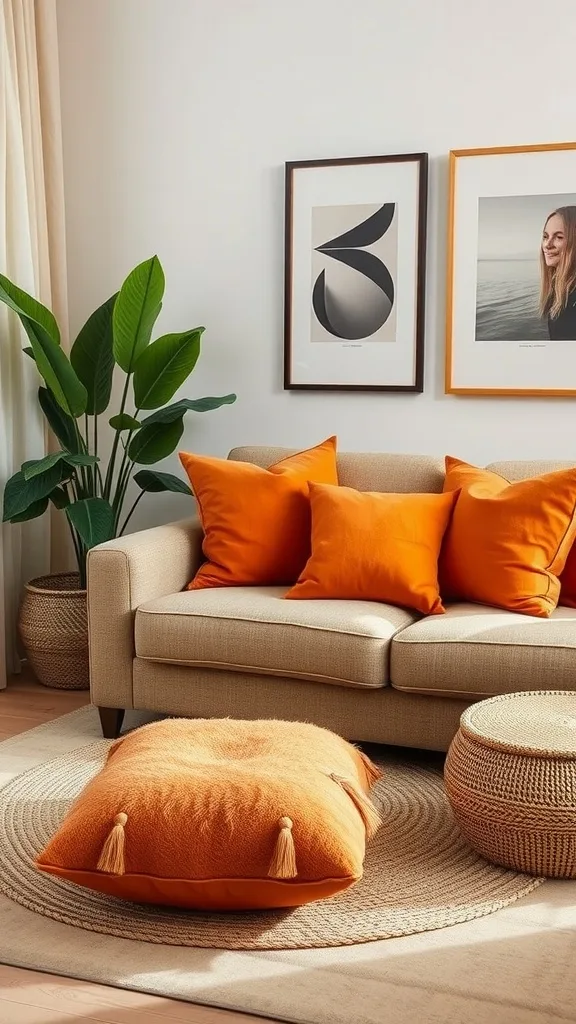 Cozy living room with orange throw pillows on a beige couch and a round rug.