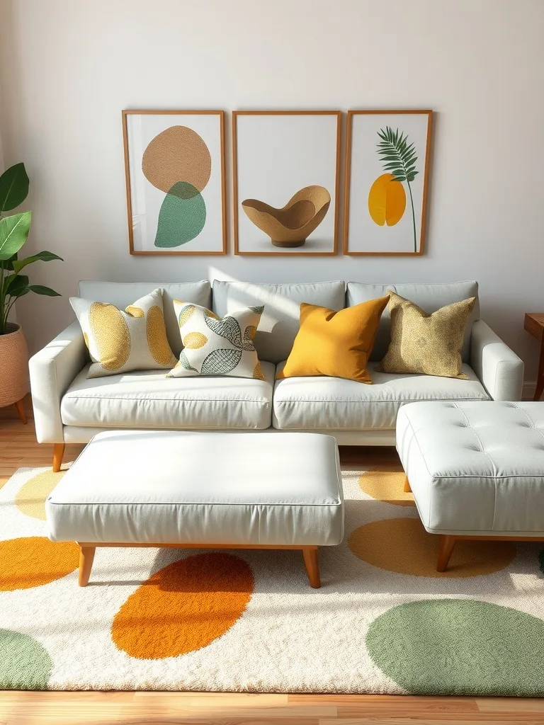 A living room with a light sofa adorned with organic patterned cushions and a colorful rug