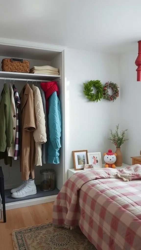 A small bedroom with organized storage for seasonal clothing and decorative items.