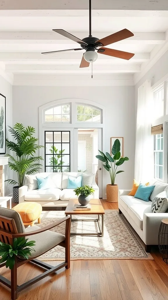 A bright and inviting living room featuring plants, light colors, and natural materials.