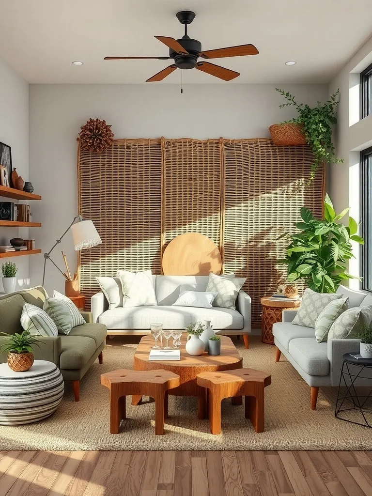 A stylish living room with natural decor, featuring wooden furniture and plenty of plants.