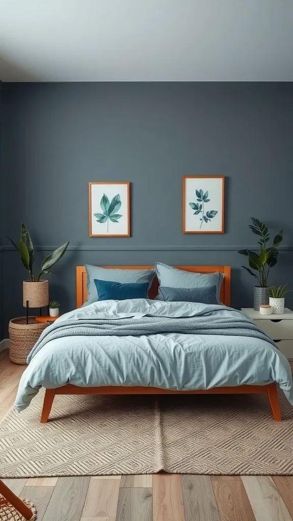 A cozy blue and gray bedroom featuring green plants and nature-inspired decor.