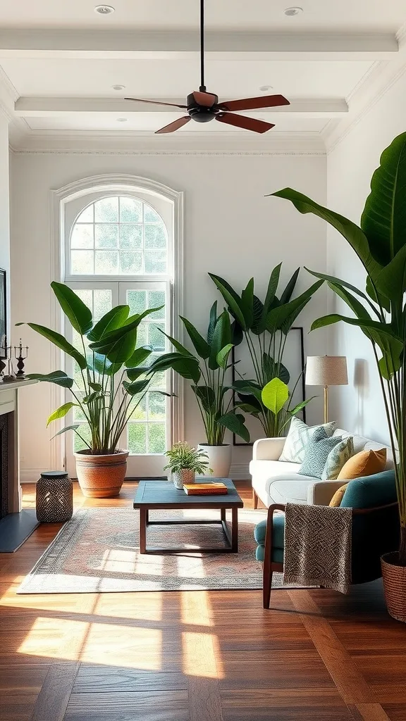 A colonial living room with large plants, a cozy sofa, and a bright atmosphere.