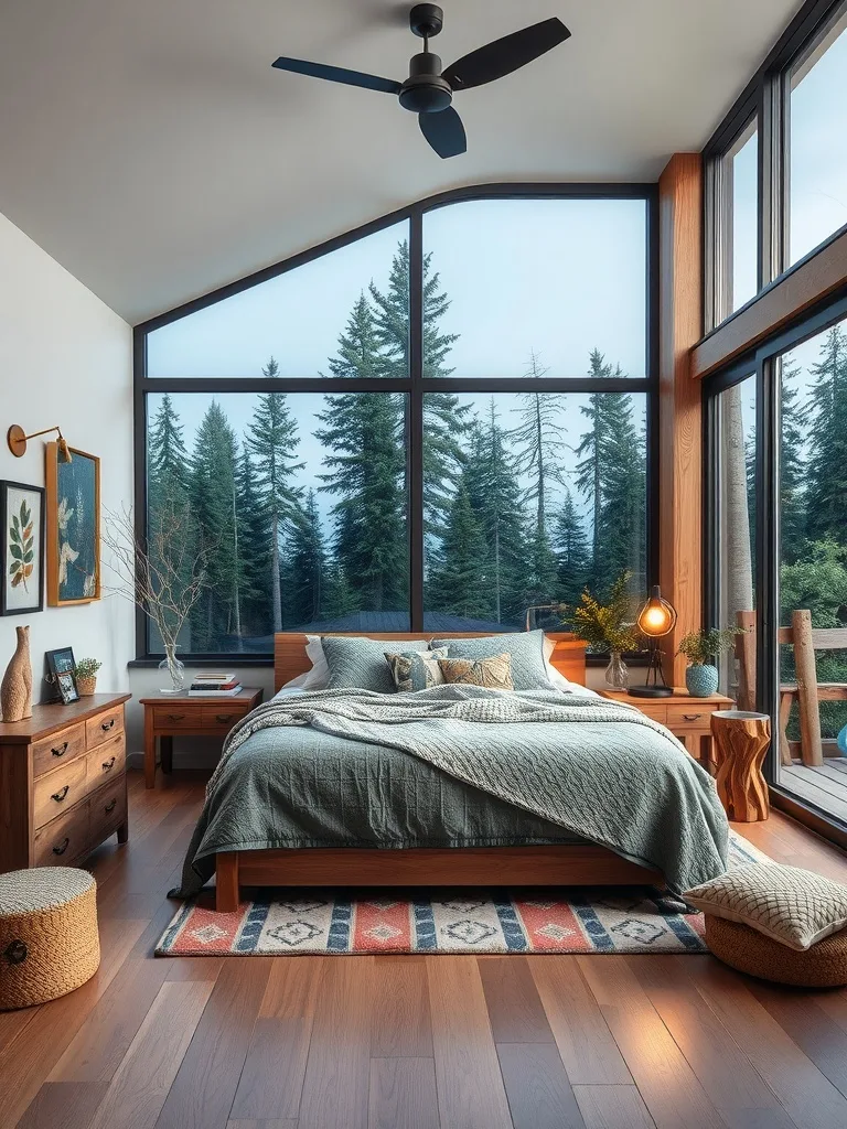 Cozy bedroom with large windows overlooking a forest, featuring a wooden bed, earthy colors, and natural decor.