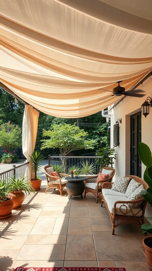 A cozy outdoor patio with a fabric canopy, wicker chairs, and potted plants.