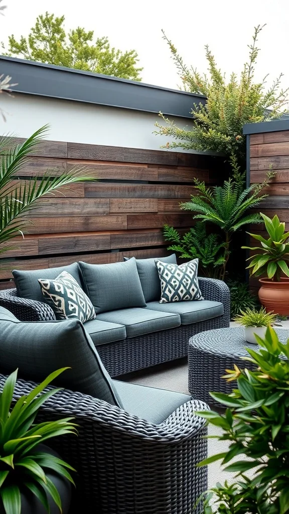 Cozy outdoor patio with dark gray sofa and green plants