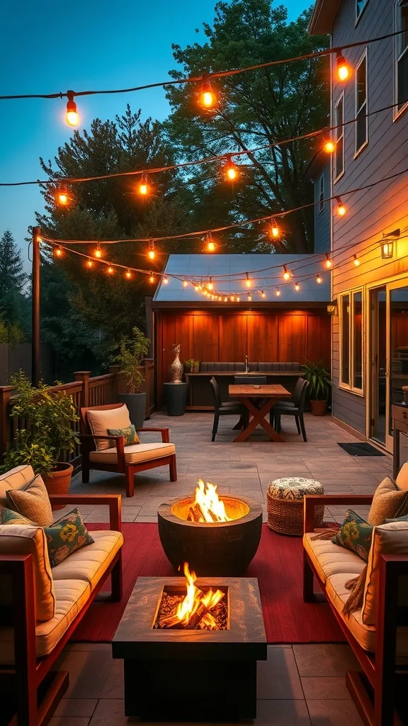 A cozy outdoor whiskey lounge featuring comfortable seating, a fire pit, and string lights.