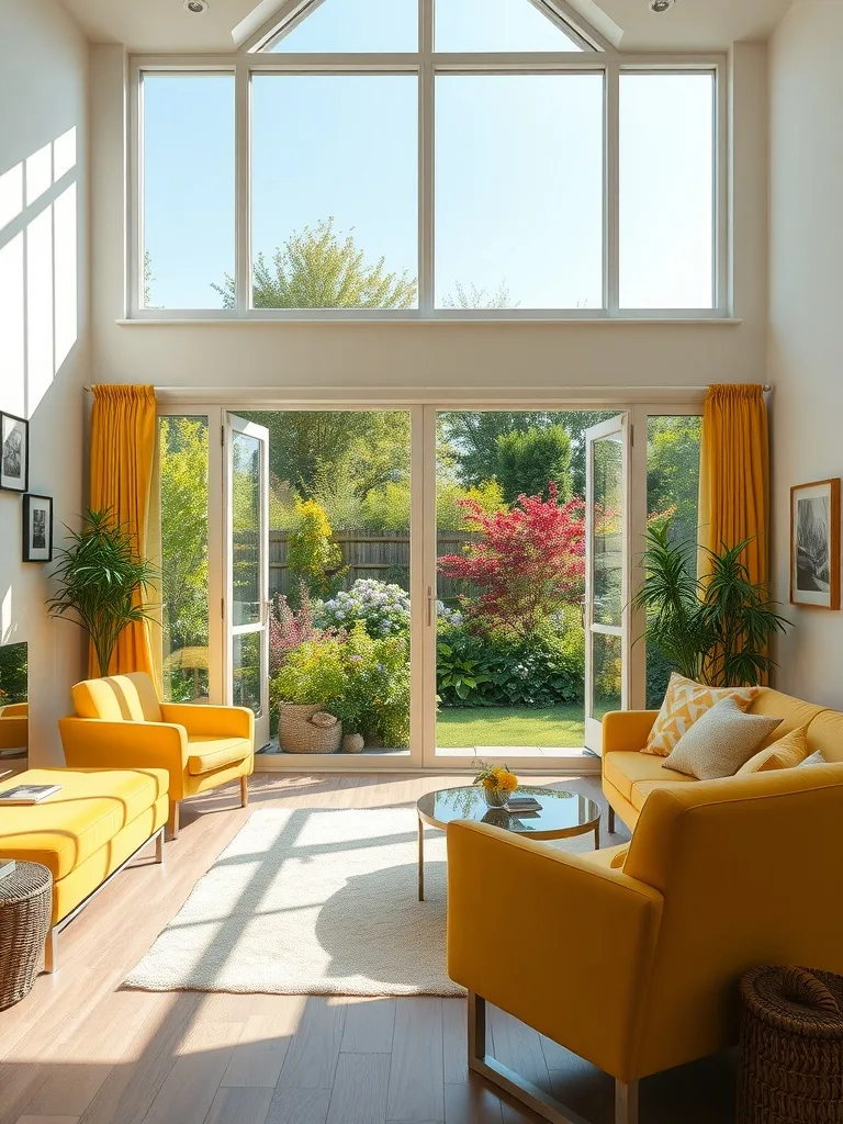 Bright yellow living room with large windows and garden view