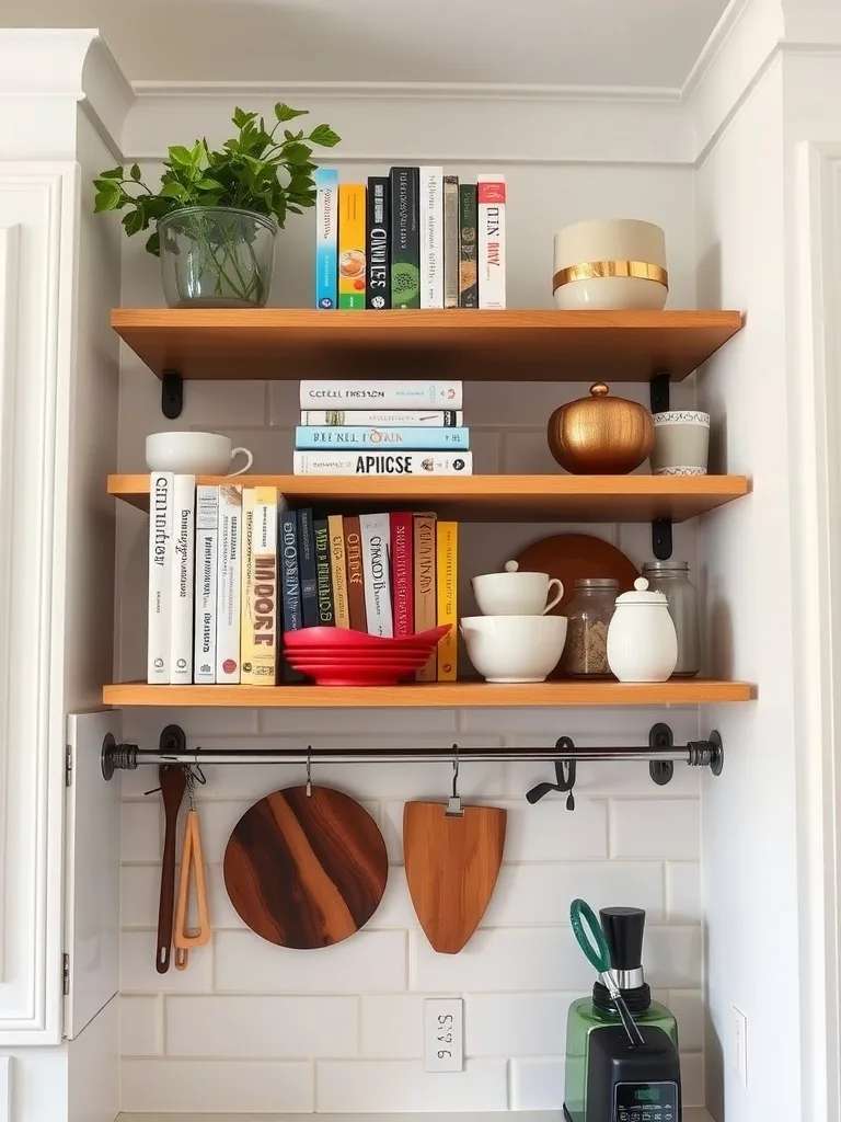 Open shelves with cookbooks, dishes, a plant, and hanging utensils in a small kitchen.