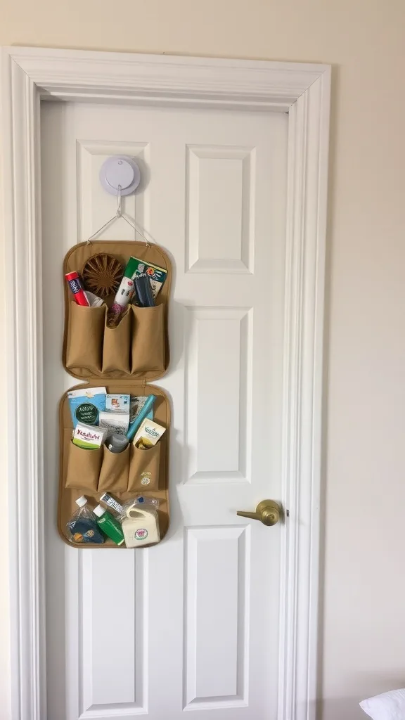 An over-the-door organizer filled with various items like toiletries and craft supplies.