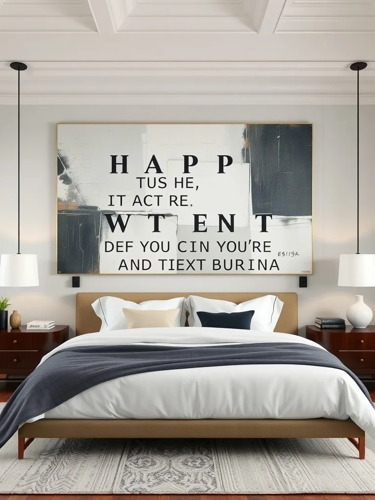 An oversized canvas art piece with bold text and abstract design above a bed with neutral bedding.