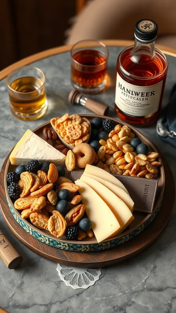 A gourmet snack platter featuring cheeses, chocolates, and nuts paired with whiskey.