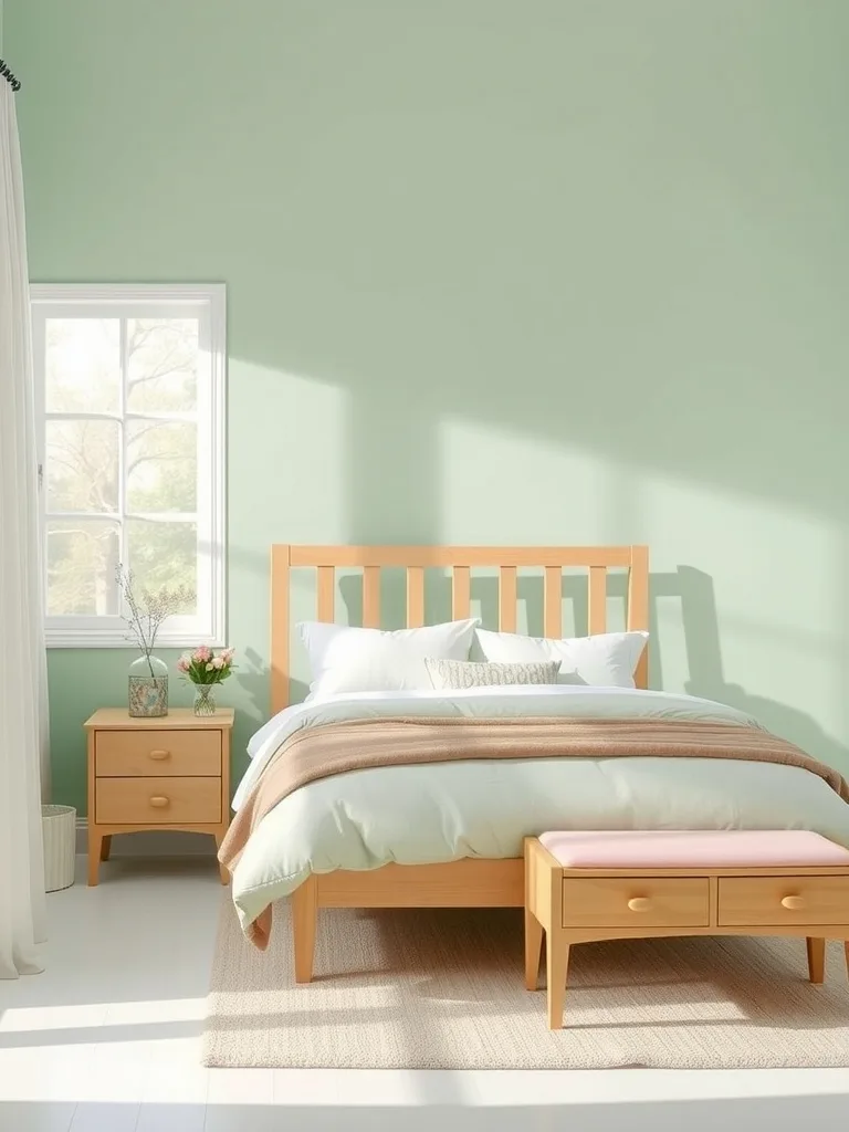 A relaxing bedroom featuring pale mint green walls and light wood furniture.