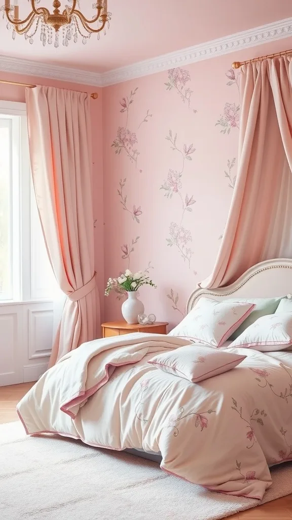 A beautifully decorated pastel pink bedroom with floral wallpaper, soft bedding, and elegant curtains.