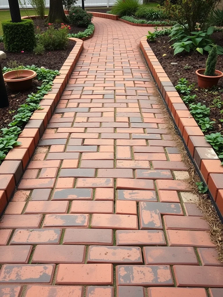 A winding walkway made of reclaimed bricks, bordered by greenery and plants.