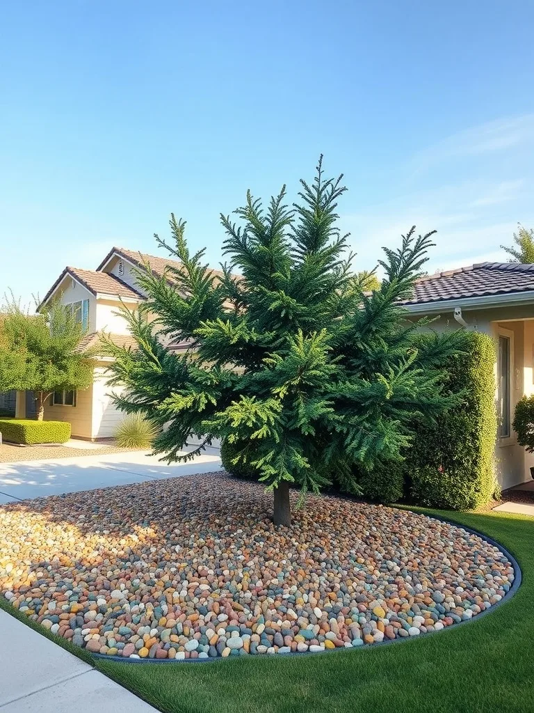 A tree surrounded by colorful pebbles in a landscaped front yard.