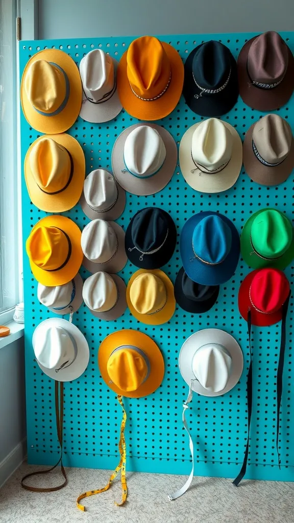 A colorful pegboard displaying various hats in an organized manner.