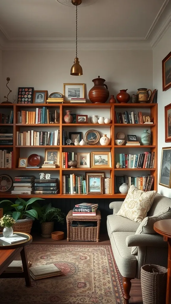 A cozy living room with a bookshelf filled with books and decorative items.