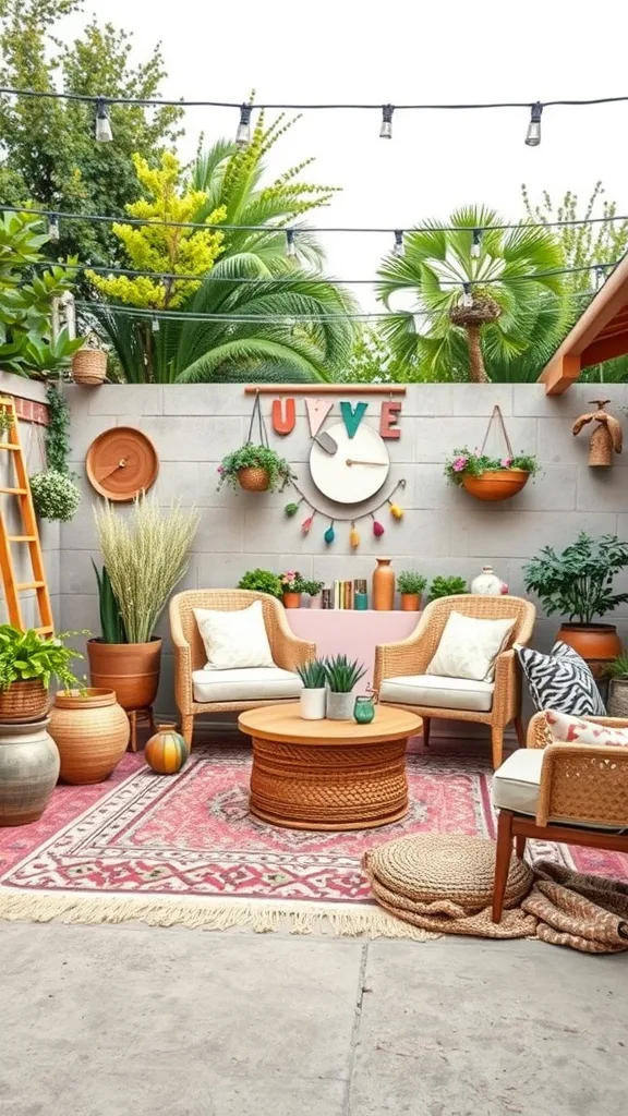 A cozy boho outdoor patio featuring wicker chairs, a round coffee table, colorful rugs, and various plants.