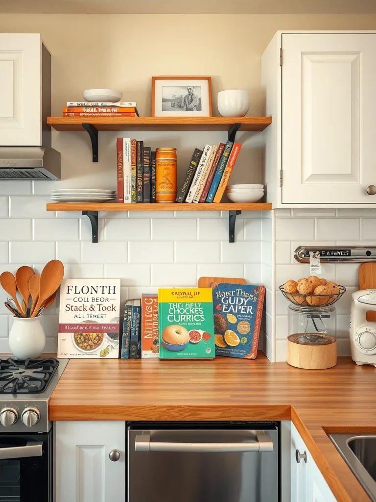 A kitchen with wooden shelves displaying various cookbooks and decorative items.