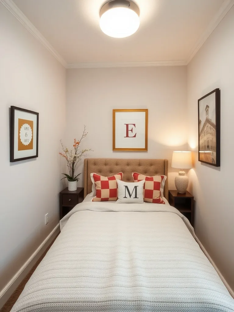 Cozy narrow bedroom with personalized decor featuring a bed, patterned pillows, wall art, and a plant.