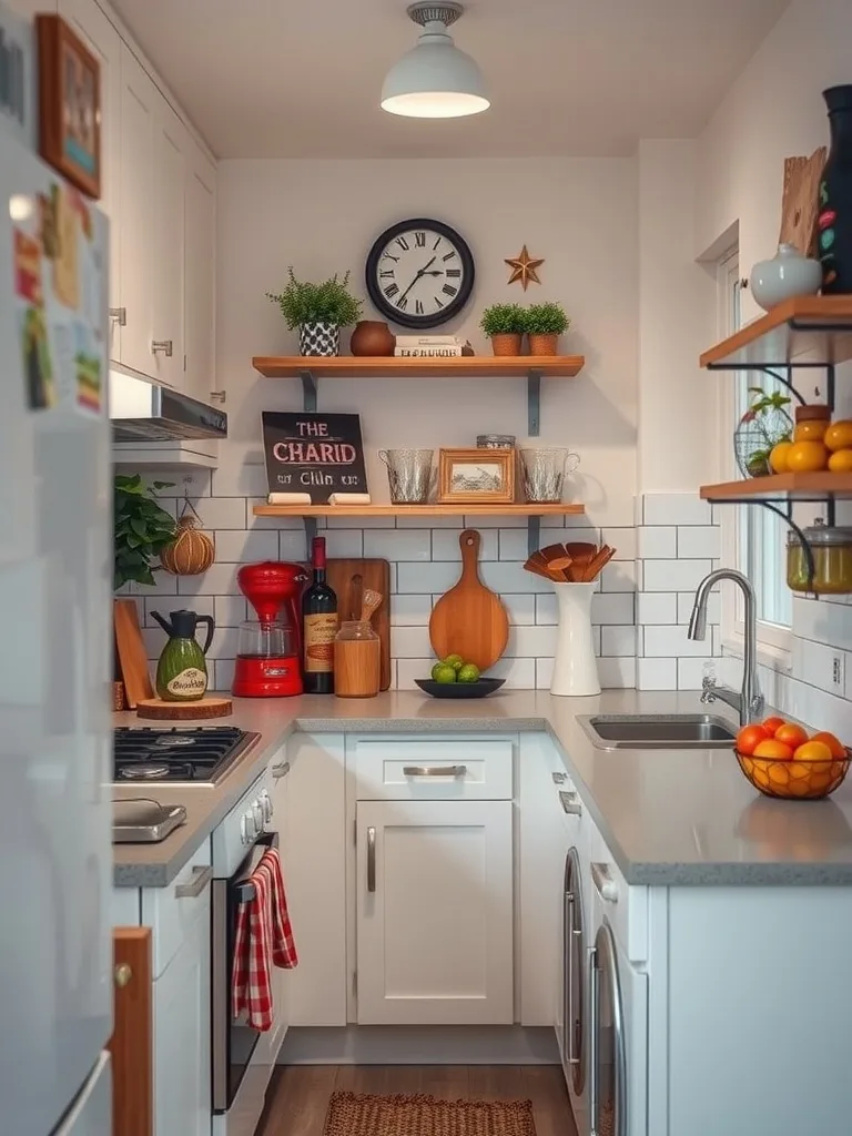 Cozy small galley kitchen with personalized decor including plants, a clock, and colorful kitchenware.