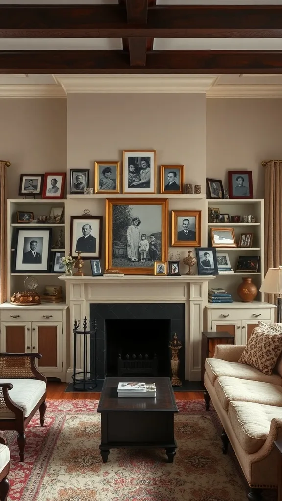 A colonial living room featuring a wall of family photos in various frames, a cozy sofa, and a coffee table.